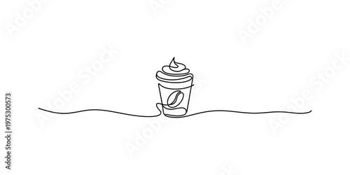 A single continuous line drawing featuring a stylized coffee cup topped with whipped cream foam Vector, illustration