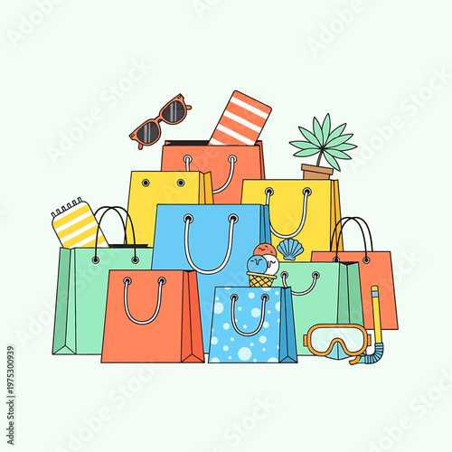 This vibrant vector illustration showcases a joyful pile of colorful shopping bags filled with delightful summer vacation essentials.