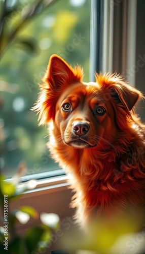 Crimson canine catches light, fur ablaze, framed by an emerald dreamscape,  texture,  pet