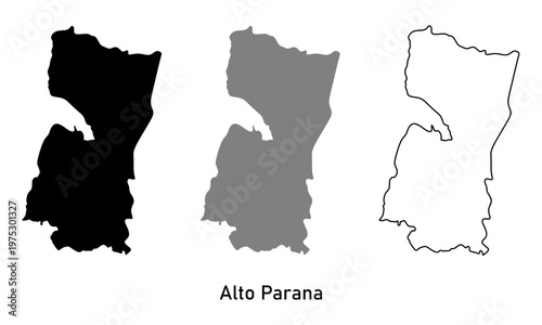 Map of Alto Parana Department, a region in Paraguay. Map in black, gray, and outline