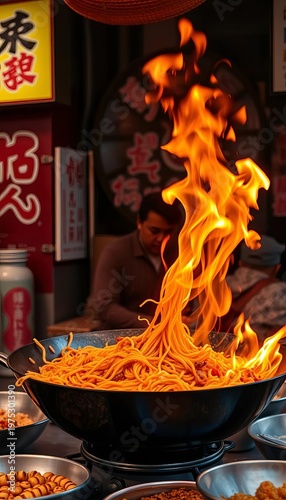 Fiery wok-fried noodles with dramatic flames, iconic Hong Kong street food,  fast food, Asian noodles