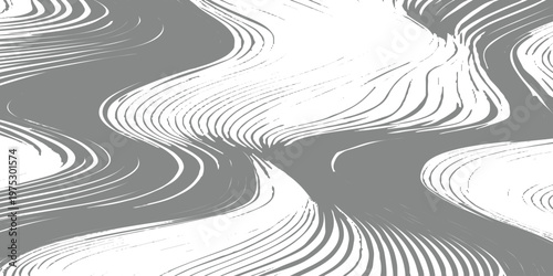 Abstract black-and-white wavy lines flowing like liquid marble, creating a hypnotic, fluid pattern with smooth curves and high contrast background.