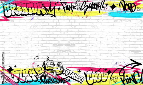 Graffiti background with throw-up and tagging hand-drawn style. Wallpaper graffiti art vector illustration	