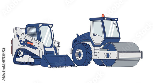 Construction Equipment: Skid Steer Loader and Steamroller on White Background