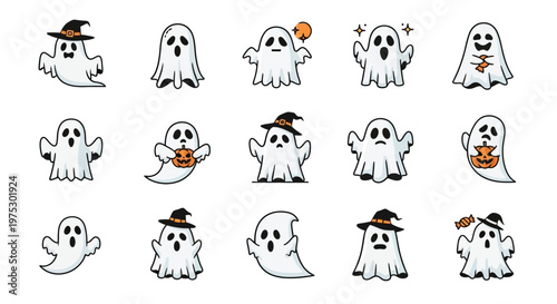Set of cute and friendly ghost icons for Halloween, featuring various playful expressions and accessories