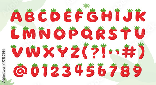 Complete strawberry alphabet vector set with letters numbers and symbols