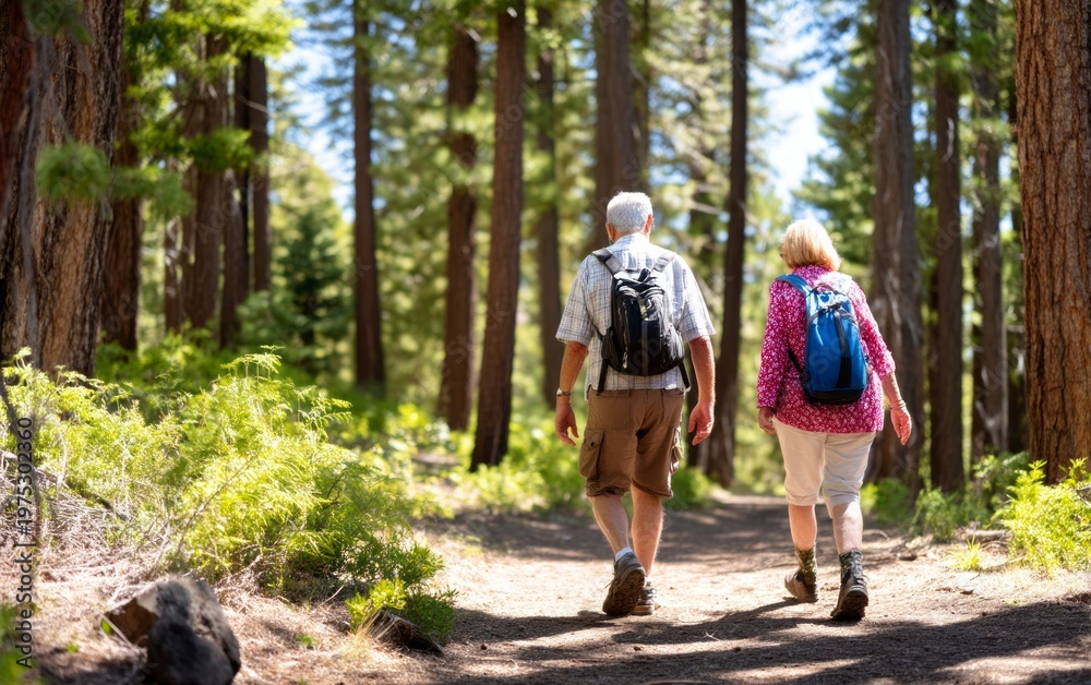 Fototapeta premium Elderly Couple Walking Along a Serene Trail in a Lush Green Forest
