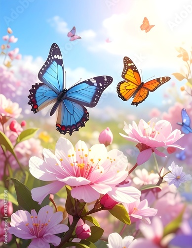 A vibrant scene of butterflies and flowers in a sunny garden