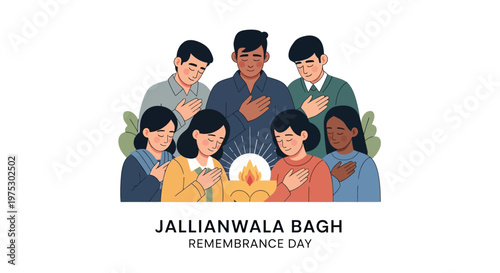 A vector illustration commemorates Jallianwala Bagh Remembrance Day, depicting a diverse group of people with hands over their hearts in a solemn tribute around a central candle, set