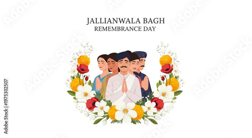 A Jallianwala Bagh Remembrance Day illustration shows a group of Indians paying tribute to martyrs, framed by flowers, conveying respect and tribute in a design with a clean white