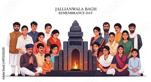 Commemorating Jallianwala Bagh Remembrance Day, a group of illustrated Indians gathers near a memorial with a burning flame, set against a bright background in a vector illustration
