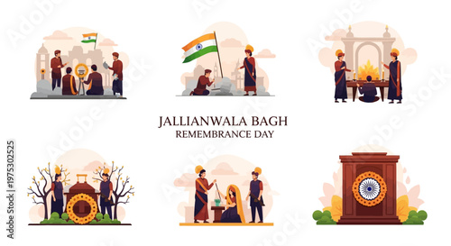 Set of illustrations marking Jallianwala Bagh Remembrance Day, depicted in a flat vector style, showing various scenes of people paying tribute with candles and the Indian flag
