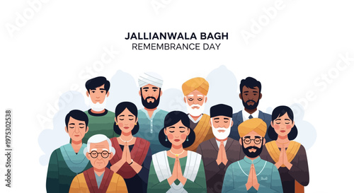 Vector illustration for Jallianwala Bagh Remembrance Day depicting a diverse group of people paying tribute with folded hands against a clean white background in a flat design style