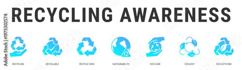 Recycling Awareness web banner icon vector illustration featuring Recycling, Recyclable, Recycle Sign, Sustainability, Eco Care, Ecology and Eco Activism