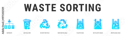 Waste Sorting web banner icon vector illustration with Separate, Recycle Bin, Do Not Recycle, Non Recyclable, Plastic Bag and Recyclable Bag