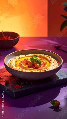 A vibrant still life of a bowl of hummus on a slate board with spices