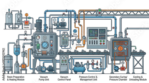 Industrial process diagram with machinery.