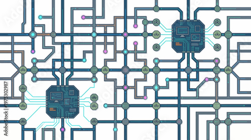 Complex circuit board design with interconnected pathways.