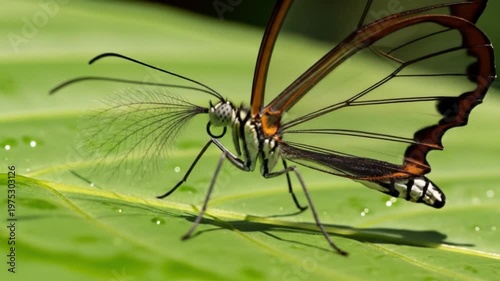 A clearwing butterfly rests on a green leaf its transparent wings showing intricate veining