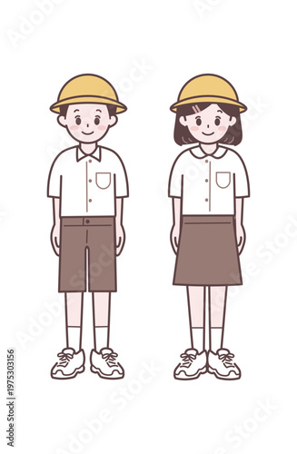 小学生 高学年 制服半袖白シャツ帽子男女  通学 イラスト


