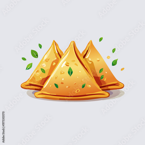 Three golden triangular pastries with green leaves and specks, an appetizing illustration of a savory snack.
