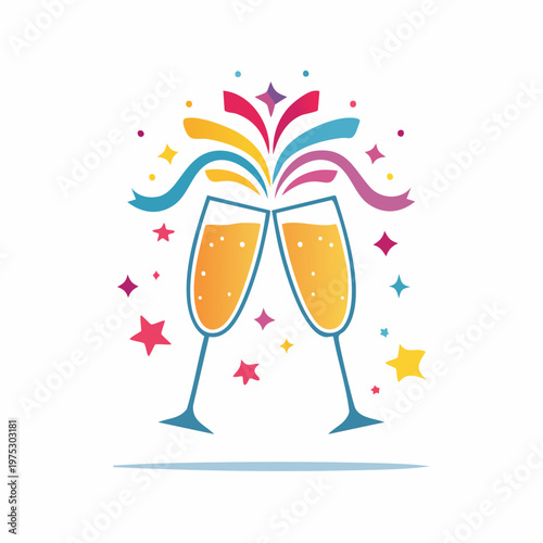 Colorful illustration of two champagne glasses toasting with festive confetti and stars for celebration.
