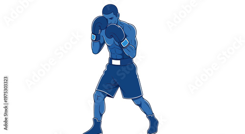 Boxer in fighting stance, blue tones, minimalist illustration, white background