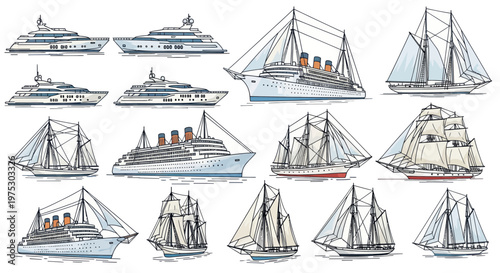 Collection of Vintage and Modern Ships: Yachts, Sailboats, and Ocean Liners