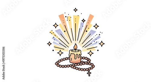 Lit Candle with Rosary Beads and Radiant Light Rays - Religious Symbol