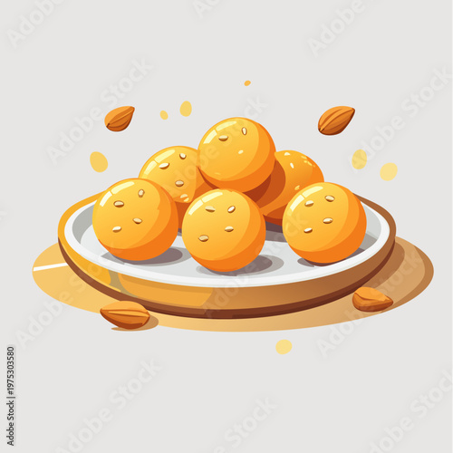 A plate of delicious round orange cookies or sweets with seeds and almonds, an inviting illustration.