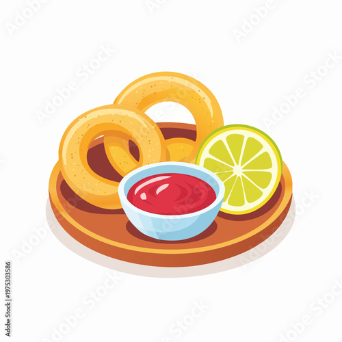 Crispy golden onion rings served with a vibrant red dipping sauce and a fresh lime slice on a wooden plate.