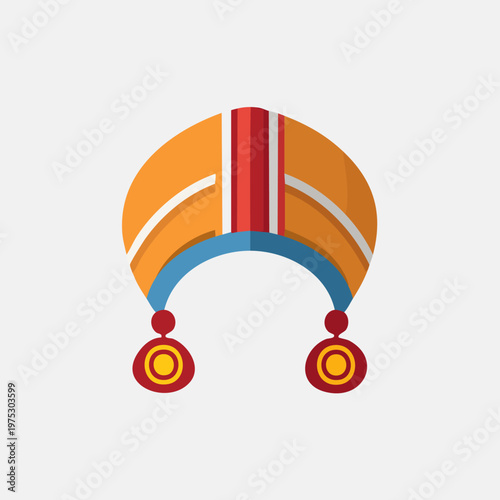 Colorful traditional headwear illustration with orange, red, and blue elements on a plain background.