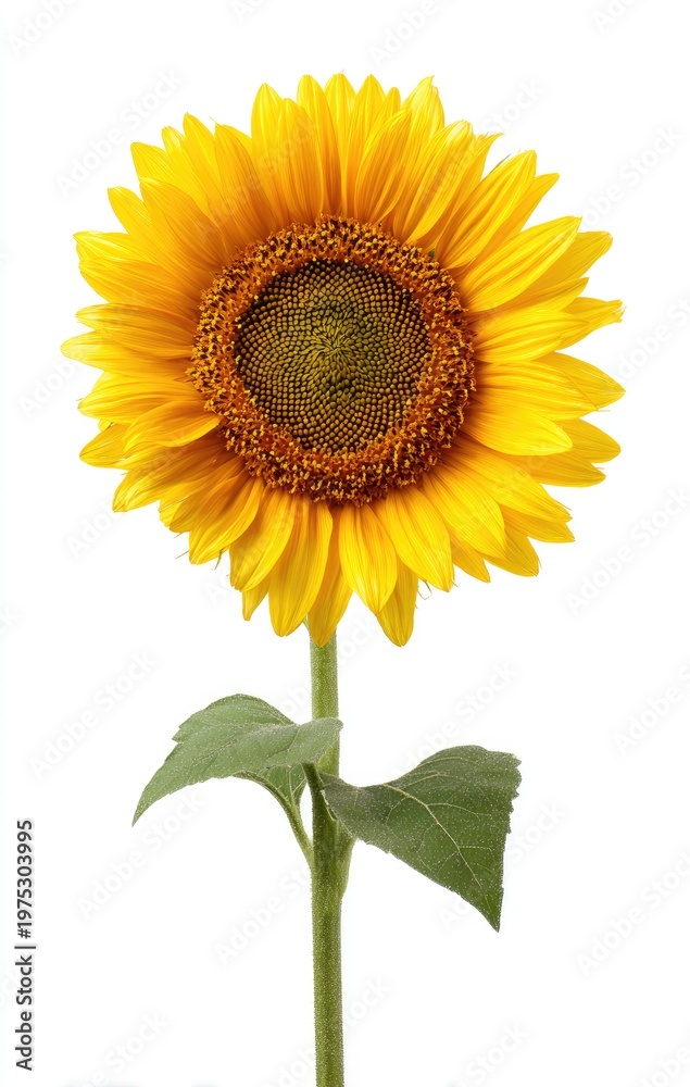 Obraz premium A vibrant, detailed sunflower with yellow petals and green leaves on white bg