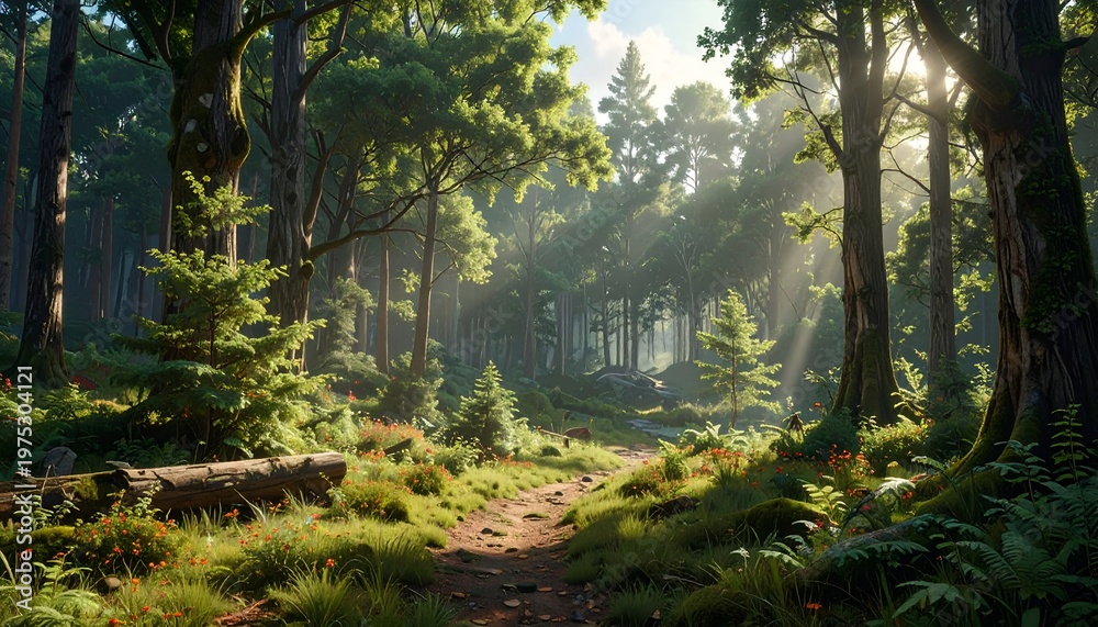 Obraz premium Lush forest path bathed in sunlight, vibrant greens, rays pierce through trees