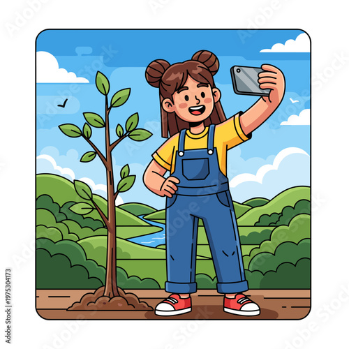 Happy Girl Taking Selfie Next To Newly Planted Tree In Green Nature Background Illustration