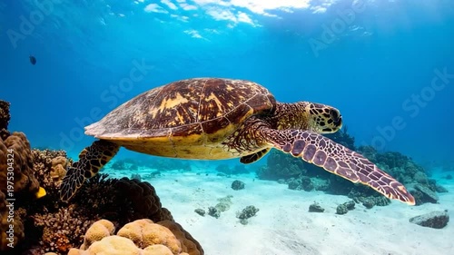 An underwater shot shows a sea turtle gliding near coral. The ocean is blue