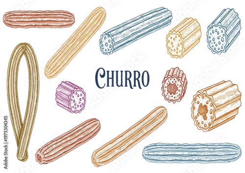 Collection of hand-drawn churros in various colors and styles, with the word 'Churro' in the center