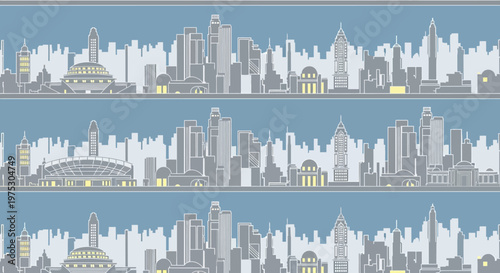 Seamless city skyline pattern with stylized modern buildings.