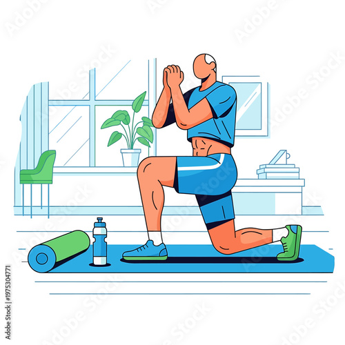 An active senior man in athletic wear performing a lunge exercise indoors, showcasing fitness and a healthy lifestyle vector graphic design.