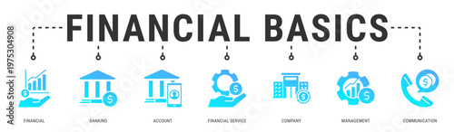 Financial Basics web banner icon vector illustration featuring Financial, Banking, Account, Financial Service, Company, Management and Communication