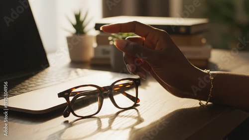 Person Reaching for Glasses on Desk