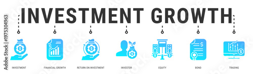 Investment Growth web banner icon vector illustration featuring Investment, Financial Growth, Return On Investment, Investor, Equity and Bond