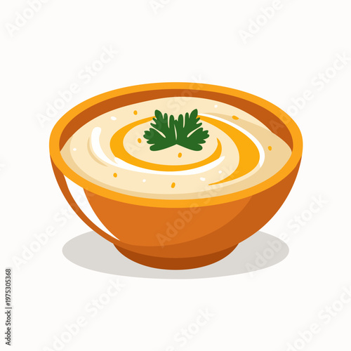 A vibrant illustration of a creamy bowl of soup or dip garnished with fresh green herbs and a swirl of oil.
