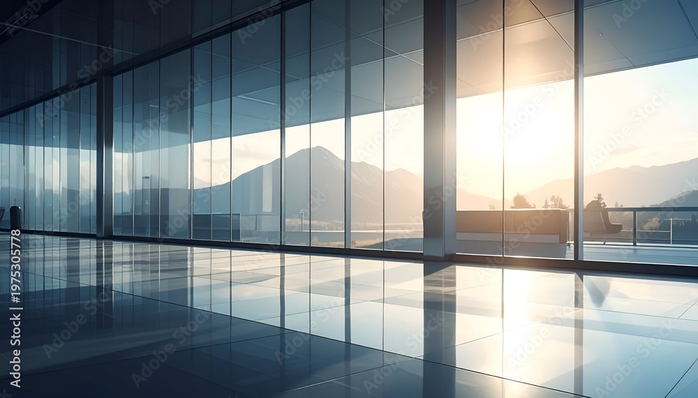 Fototapeta premium Large open modern interior with floor-to-ceiling windows overlooking mountains at sunrise