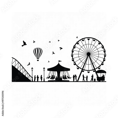 Silhouette of an amusement park with a ferris wheel and hot air balloon
