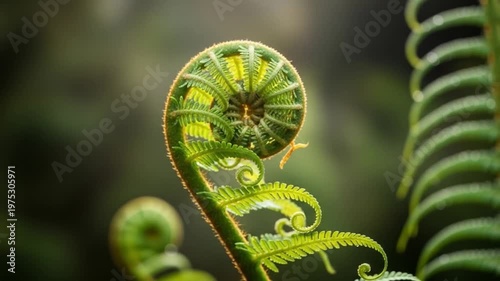 Closeup of a bright green unfurling fern frond against a dark green blurred background