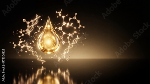 floating golden serum droplet surrounded by glowing molecular structures, luxury skincare concept, black and gold gradient background