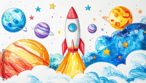 Whimsical Space Rocket Ship among Planets and Clouds