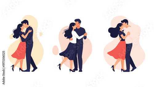 Three romantic couples dancing together in different poses expressing love and affection on soft abstract backgrounds.