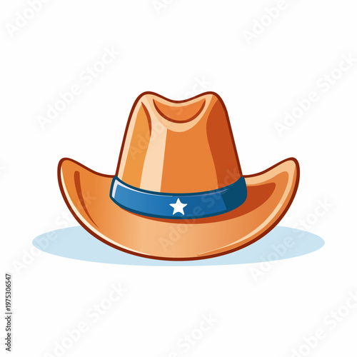 A cartoon illustration of a classic cowboy hat with a blue band and a white star on a white background.